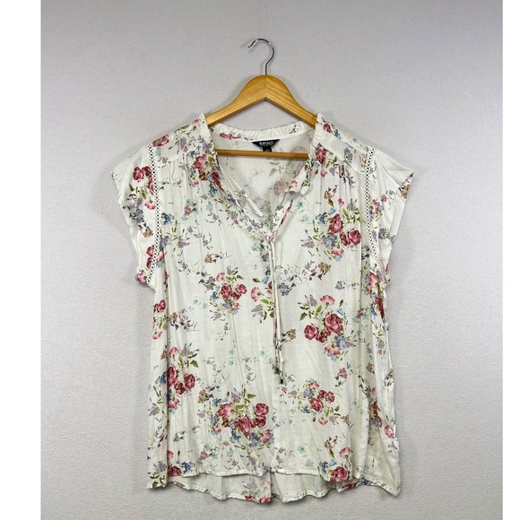 Buffalo David Bitton Tops - Buffalo David Bitton Floral Blouse Womens Size L Short Sleeve Tie‎ Neck Top